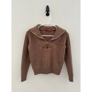 GUESS Brown Cable Knit Sailor Collar Quarter Zip Pullover Sweater Small Y2K